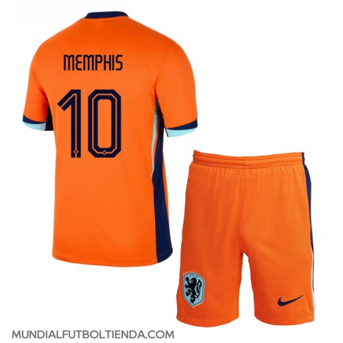 Camiseta Países Bajos Memphis Depay #10 Primera Equipación Replica Eurocopa 2024 para niños mangas cortas (+ Pantalones cortos)